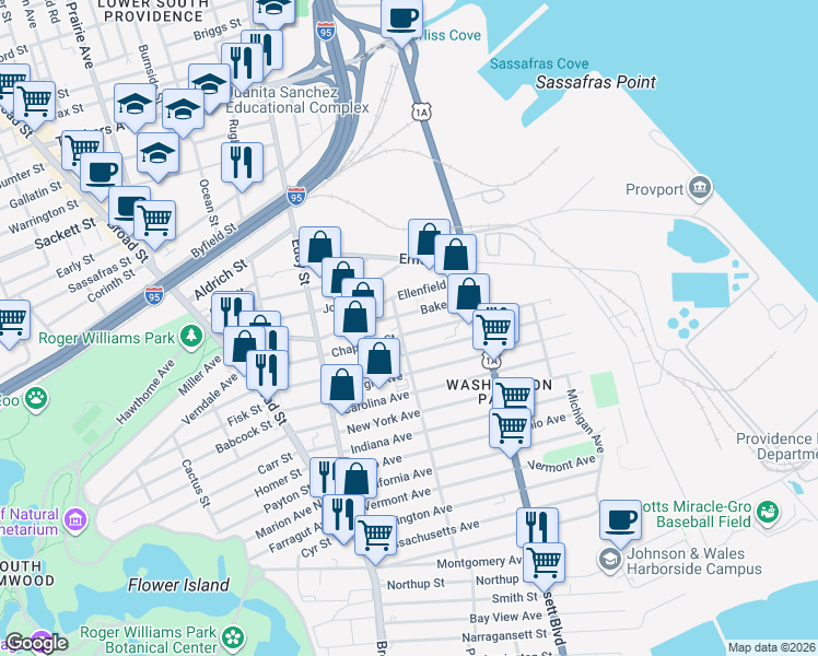 map of restaurants, bars, coffee shops, grocery stores, and more near 30 Virginia Avenue in Providence