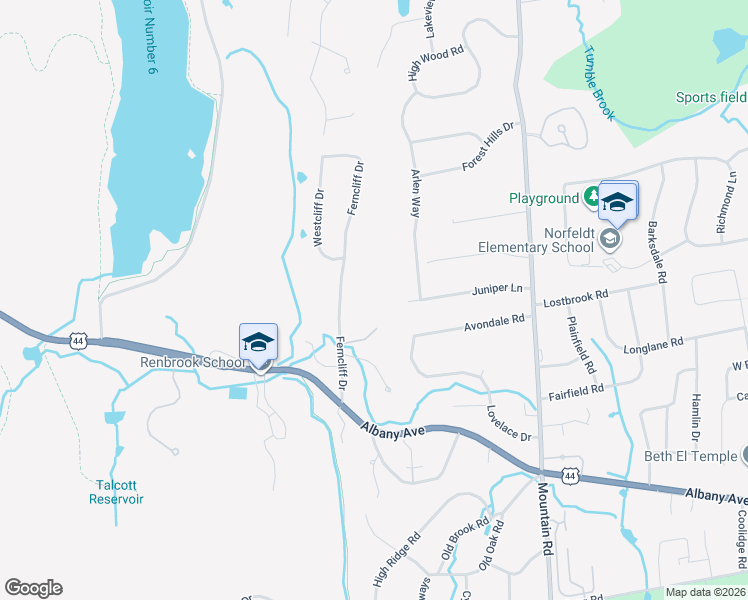 map of restaurants, bars, coffee shops, grocery stores, and more near 46 Ferncliff Drive in West Hartford
