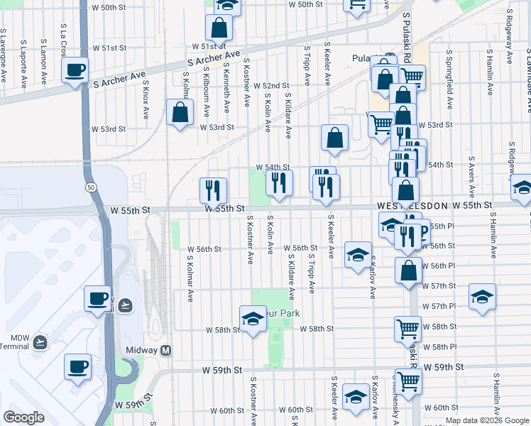 map of restaurants, bars, coffee shops, grocery stores, and more near 4335 West 55th Street in Chicago