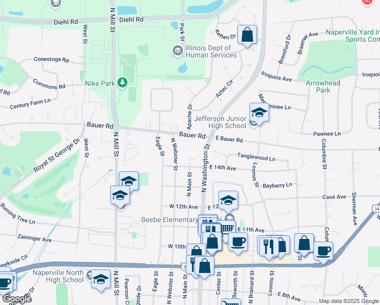 map of restaurants, bars, coffee shops, grocery stores, and more near 1433 North Main Street in Naperville