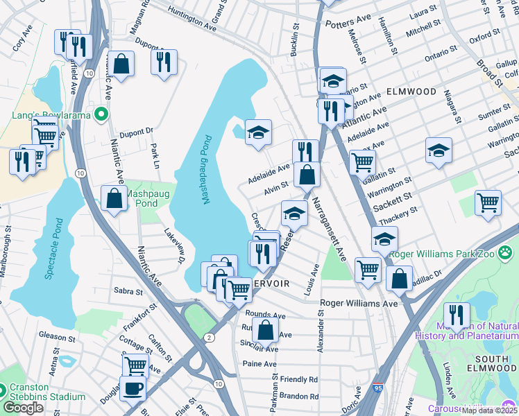 map of restaurants, bars, coffee shops, grocery stores, and more near 73 Algonquin Street in Providence