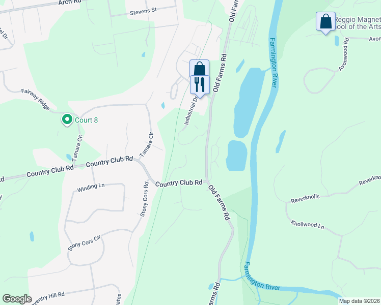 map of restaurants, bars, coffee shops, grocery stores, and more near 36 Hawley Hill Road in Avon