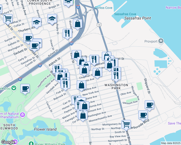 map of restaurants, bars, coffee shops, grocery stores, and more near 17 Virginia Avenue in Providence