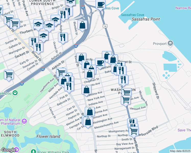 map of restaurants, bars, coffee shops, grocery stores, and more near 17 Virginia Avenue in Providence
