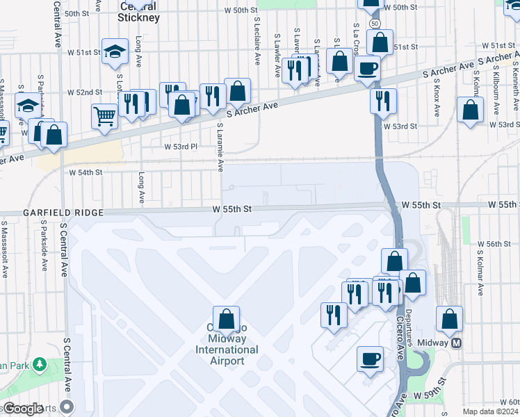 map of restaurants, bars, coffee shops, grocery stores, and more near 5100 West 55th Street in Chicago