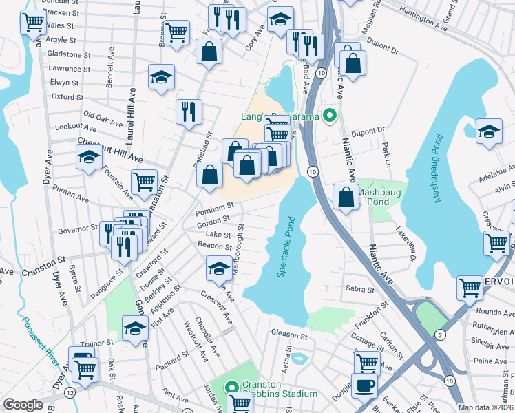 map of restaurants, bars, coffee shops, grocery stores, and more near 30 Pomham Street in Cranston