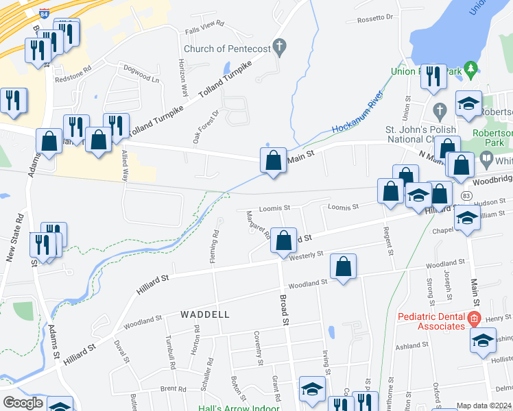 map of restaurants, bars, coffee shops, grocery stores, and more near 177 Loomis Street in Manchester