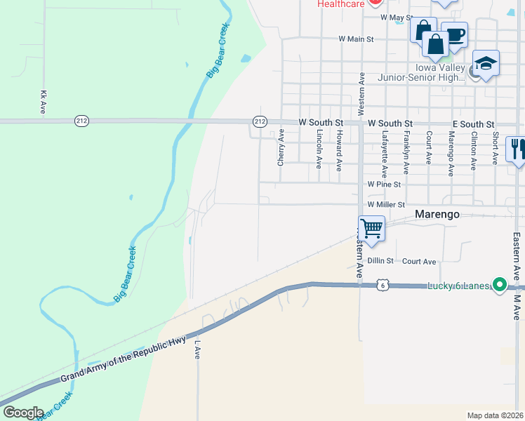 map of restaurants, bars, coffee shops, grocery stores, and more near 400-418 W Miller St in Marengo