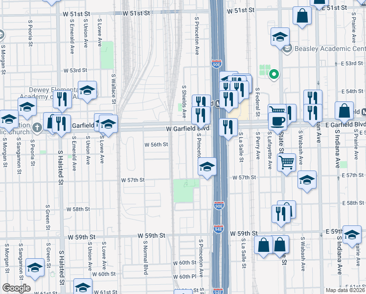 map of restaurants, bars, coffee shops, grocery stores, and more near 5552 South Shields Avenue in Chicago