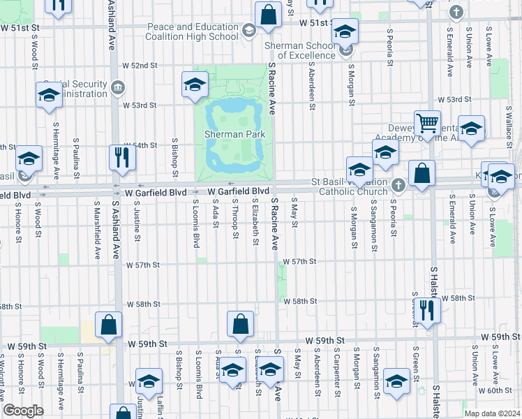 map of restaurants, bars, coffee shops, grocery stores, and more near 5529 South Elizabeth Street in Chicago