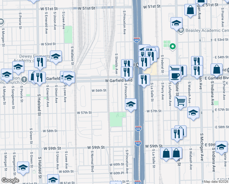 map of restaurants, bars, coffee shops, grocery stores, and more near 5552 South Shields Avenue in Chicago