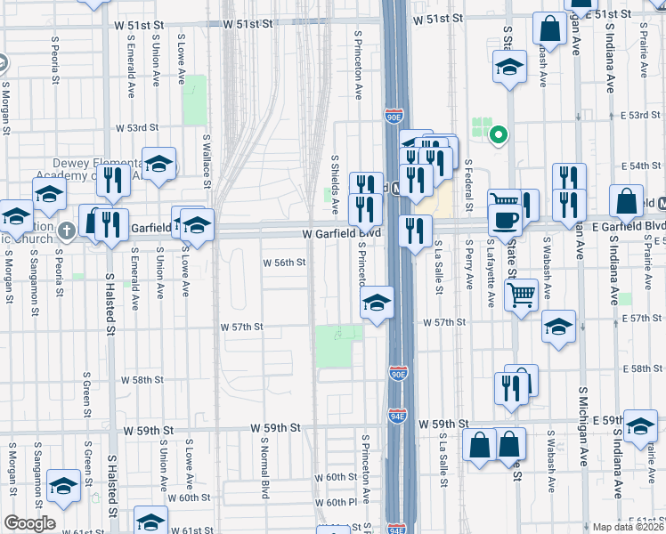 map of restaurants, bars, coffee shops, grocery stores, and more near 5552 South Shields Avenue in Chicago