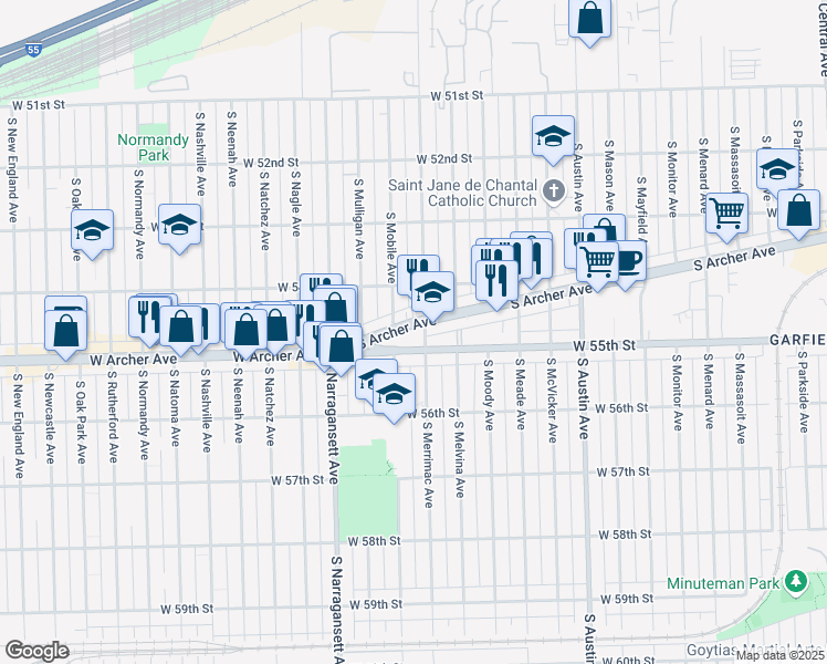 map of restaurants, bars, coffee shops, grocery stores, and more near 6301 South Archer Avenue in Chicago