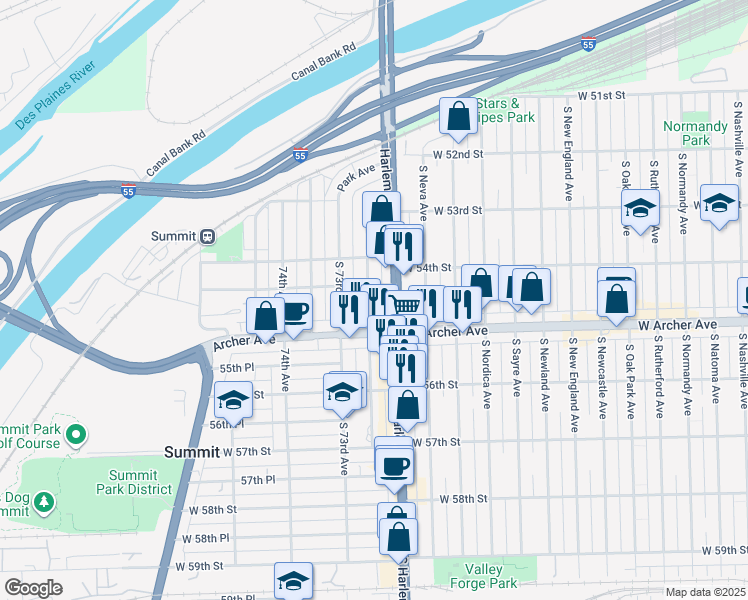 map of restaurants, bars, coffee shops, grocery stores, and more near 5437 South 72nd Court in Summit