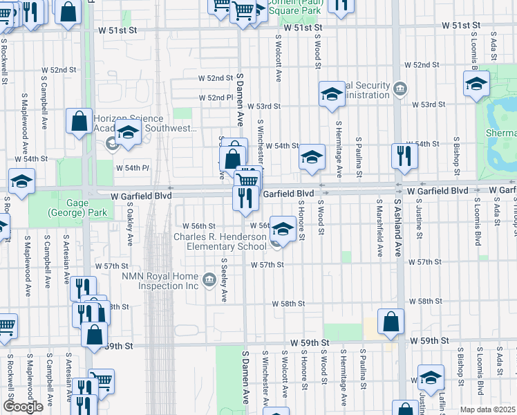 map of restaurants, bars, coffee shops, grocery stores, and more near 5518 South Winchester Avenue in Chicago