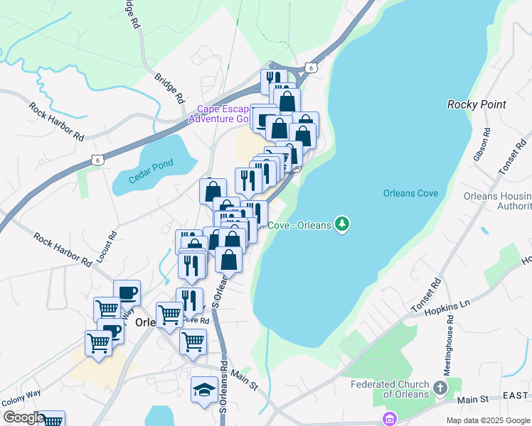 map of restaurants, bars, coffee shops, grocery stores, and more near 45 Massachusetts 6A in Orleans