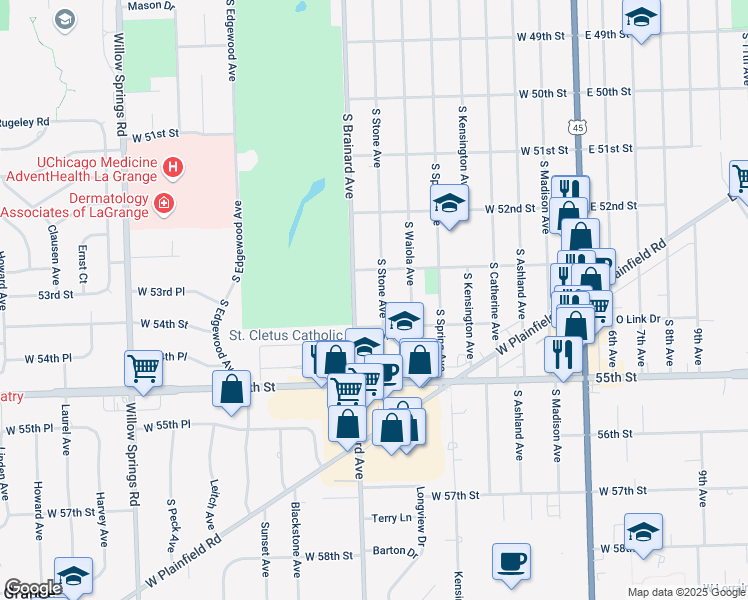 map of restaurants, bars, coffee shops, grocery stores, and more near 1128 South Stone Avenue in La Grange