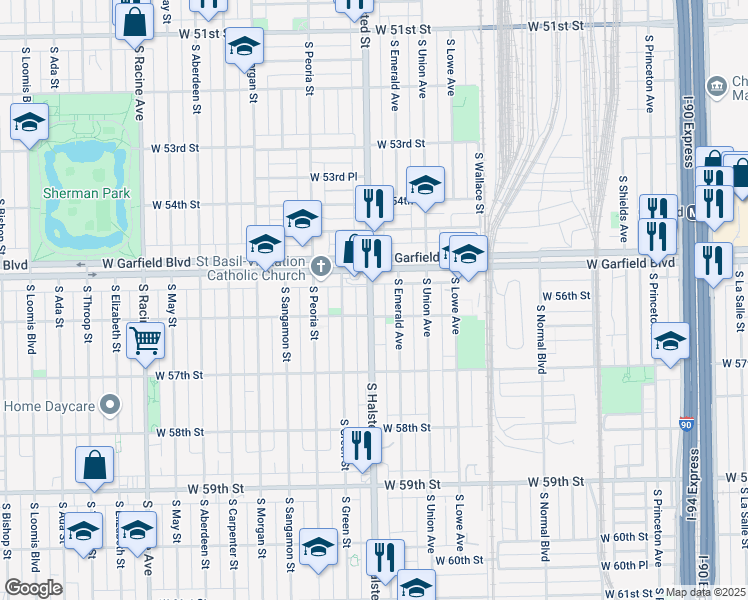 map of restaurants, bars, coffee shops, grocery stores, and more near 5529 South Halsted Street in Chicago