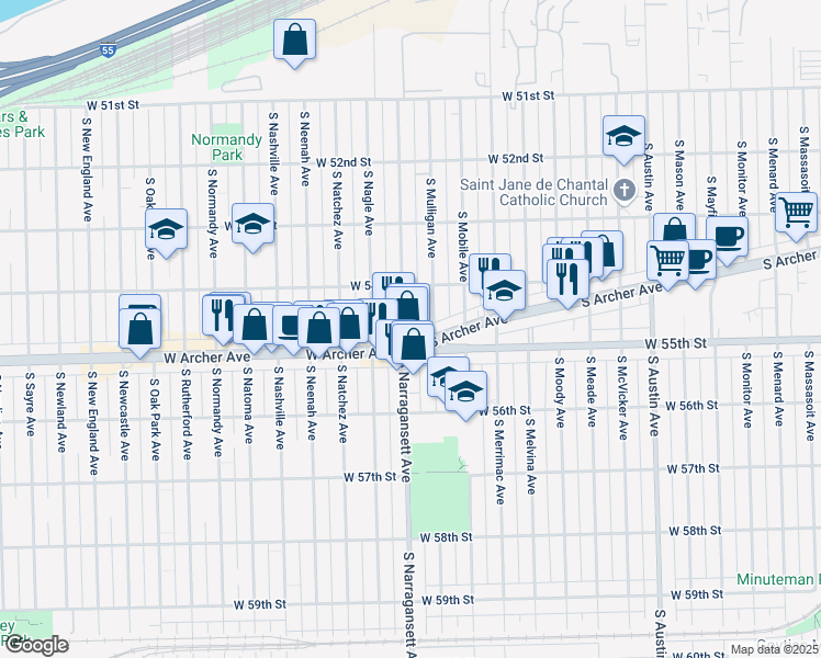 map of restaurants, bars, coffee shops, grocery stores, and more near 5445 S Narragansett Ave in Chicago