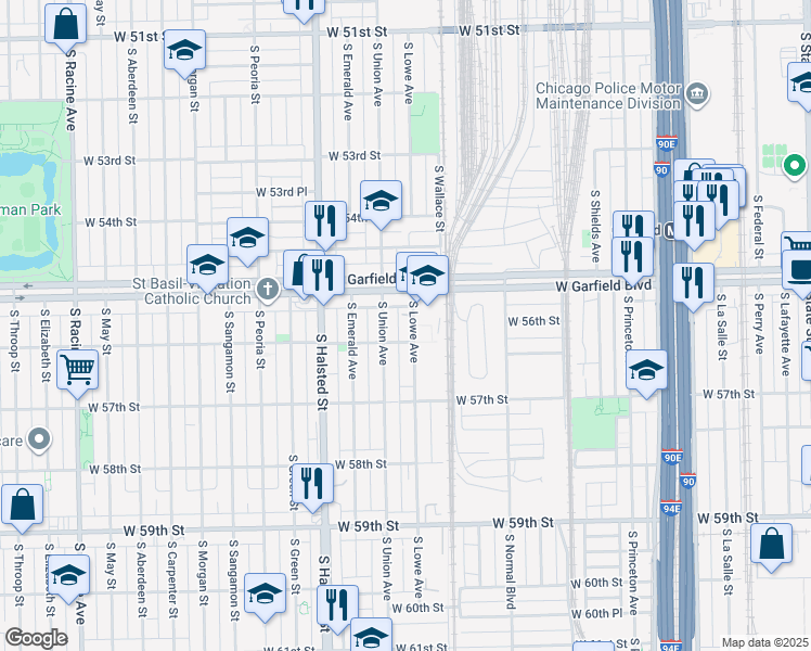 map of restaurants, bars, coffee shops, grocery stores, and more near 5530 South Lowe Avenue in Chicago