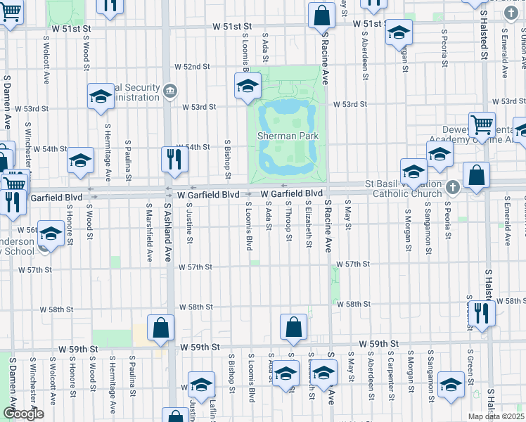 map of restaurants, bars, coffee shops, grocery stores, and more near 5524 South Ada Street in Chicago
