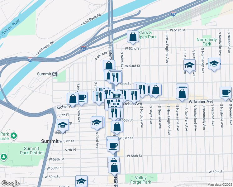 map of restaurants, bars, coffee shops, grocery stores, and more near 5433 South Harlem Avenue in Chicago