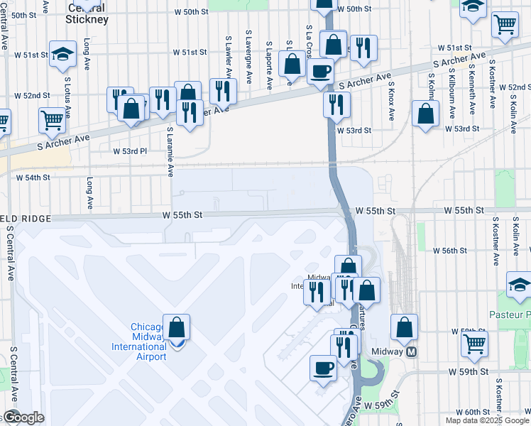 map of restaurants, bars, coffee shops, grocery stores, and more near 5100 West 55th Street in Chicago