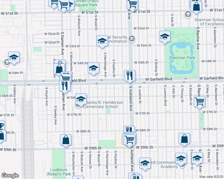 map of restaurants, bars, coffee shops, grocery stores, and more near 5518 S Paulina St in Chicago