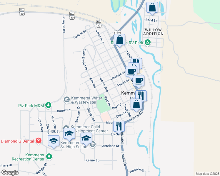map of restaurants, bars, coffee shops, grocery stores, and more near 517 Topaz Street in Kemmerer