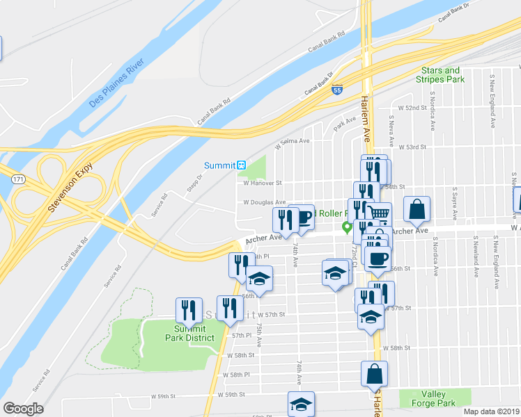 map of restaurants, bars, coffee shops, grocery stores, and more near 7515 West Douglas Avenue in Summit