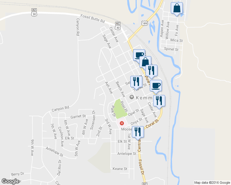 map of restaurants, bars, coffee shops, grocery stores, and more near 616 Sapphire Street in Kemmerer