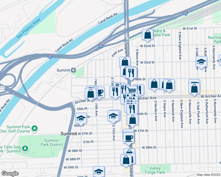 map of restaurants, bars, coffee shops, grocery stores, and more near 5432 South 73rd Avenue in Summit