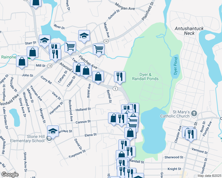 map of restaurants, bars, coffee shops, grocery stores, and more near 8 Towne Street in Cranston
