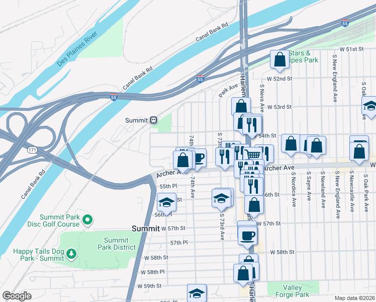 map of restaurants, bars, coffee shops, grocery stores, and more near 5434 South 74th Avenue in Summit