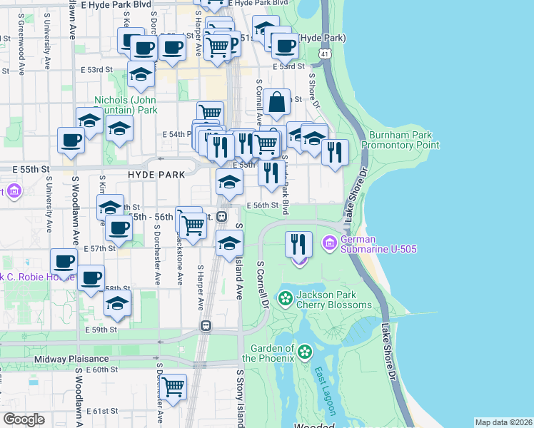 map of restaurants, bars, coffee shops, grocery stores, and more near 1625 East 56th Street in Chicago