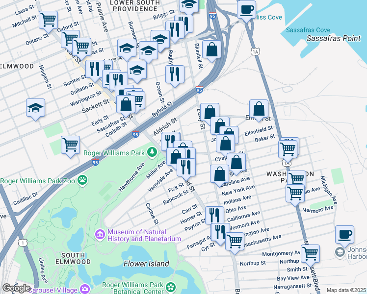 map of restaurants, bars, coffee shops, grocery stores, and more near 285 O Connor Street in Providence