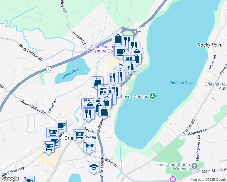 map of restaurants, bars, coffee shops, grocery stores, and more near 45 Massachusetts 6A in Orleans