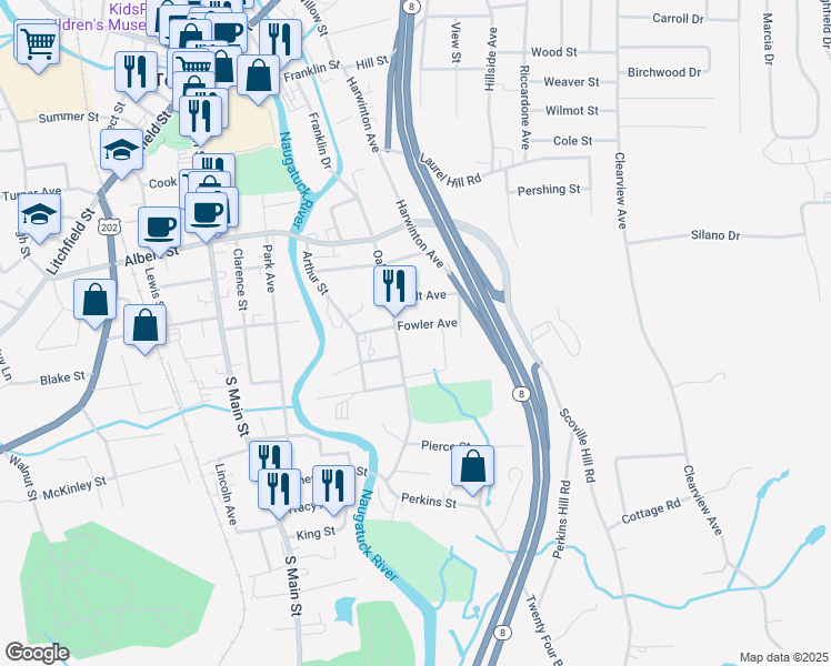 map of restaurants, bars, coffee shops, grocery stores, and more near 241 Oak Avenue in Torrington