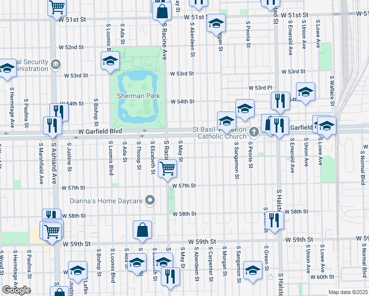 map of restaurants, bars, coffee shops, grocery stores, and more near 5524 South May Street in Chicago