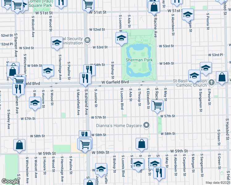 map of restaurants, bars, coffee shops, grocery stores, and more near 5522 South Loomis Boulevard in Chicago