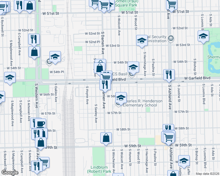 map of restaurants, bars, coffee shops, grocery stores, and more near 5518 South Winchester Avenue in Chicago