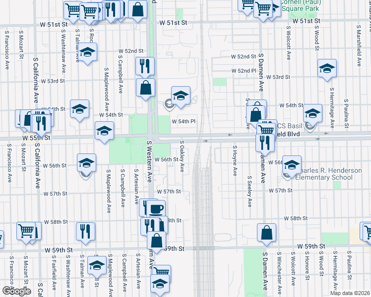 map of restaurants, bars, coffee shops, grocery stores, and more near 5515 South Oakley Avenue in Chicago