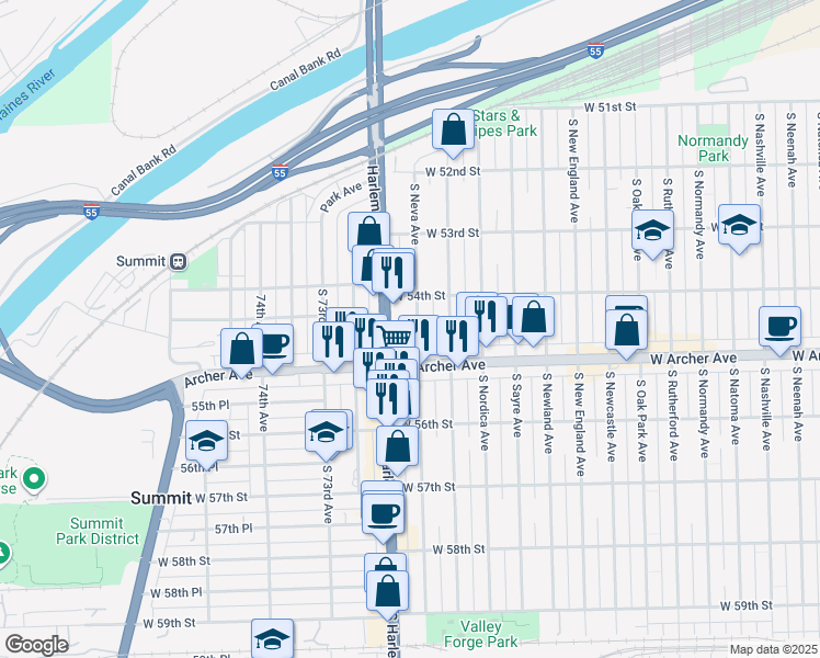 map of restaurants, bars, coffee shops, grocery stores, and more near 5433 South Harlem Avenue in Chicago