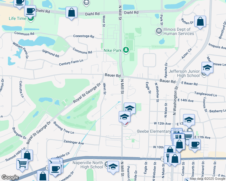 map of restaurants, bars, coffee shops, grocery stores, and more near 1404 West Street in Naperville
