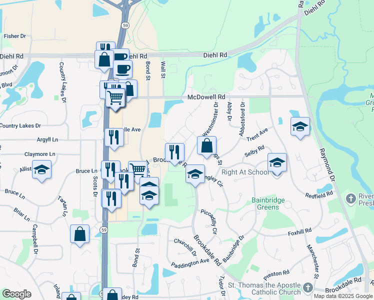 map of restaurants, bars, coffee shops, grocery stores, and more near 1507 Westminster Drive in Naperville