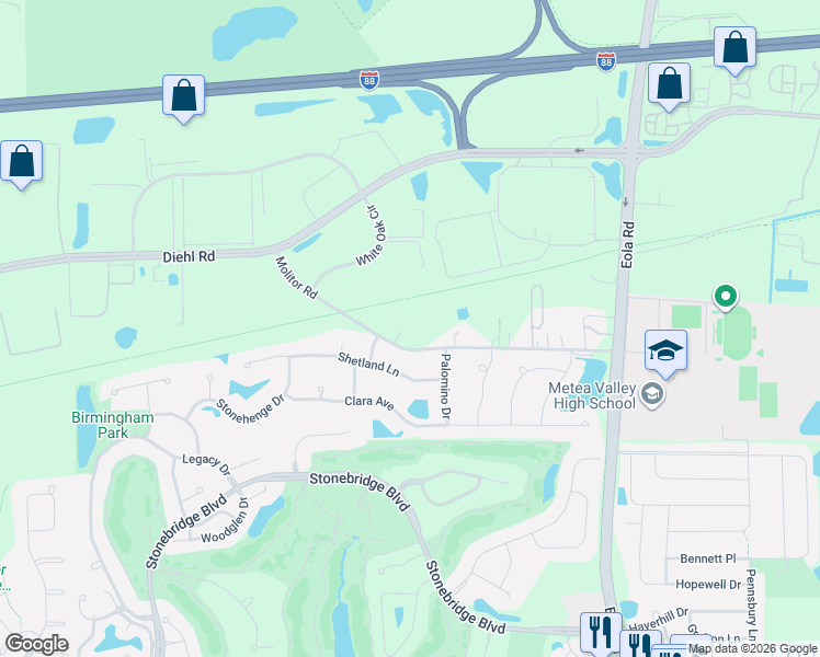 map of restaurants, bars, coffee shops, grocery stores, and more near 2720 Molitor Road in Aurora
