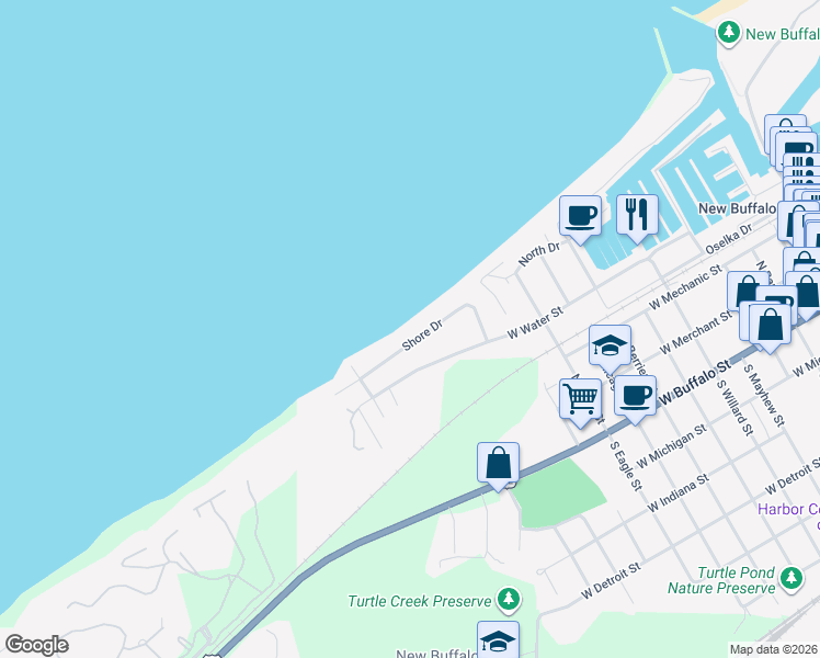 map of restaurants, bars, coffee shops, grocery stores, and more near 1300 Shore Drive in New Buffalo