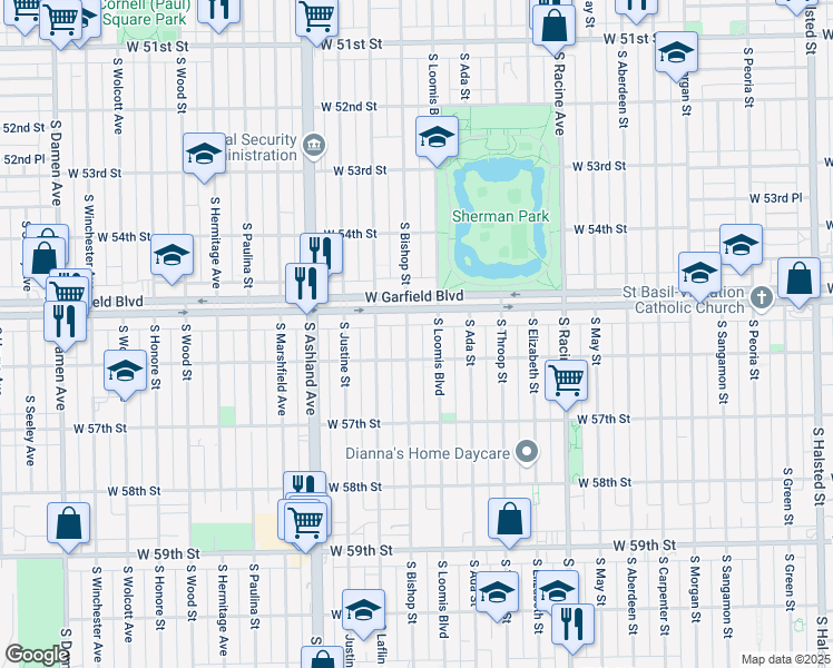 map of restaurants, bars, coffee shops, grocery stores, and more near 5522 South Loomis Boulevard in Chicago