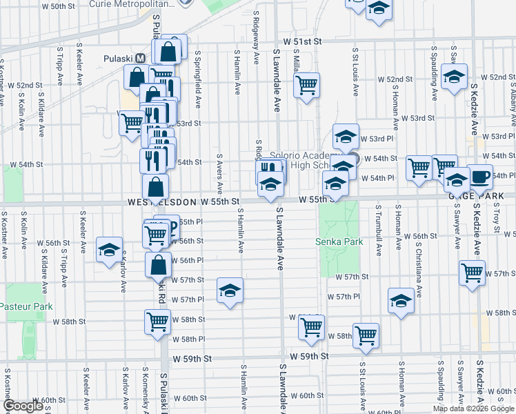 map of restaurants, bars, coffee shops, grocery stores, and more near 3731 West 55th Street in Chicago
