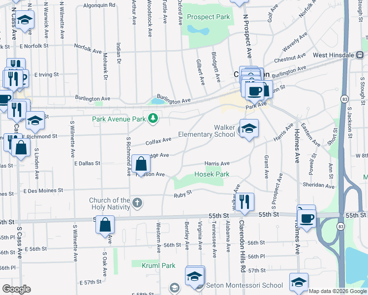 map of restaurants, bars, coffee shops, grocery stores, and more near 404 Park Avenue in Clarendon Hills